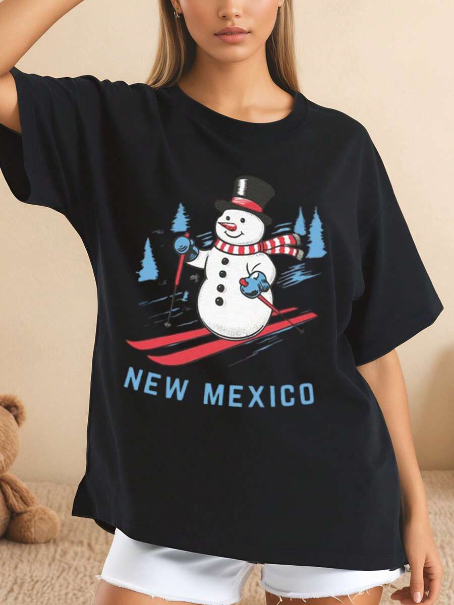 Muñeco de nieve esquiando con texto New Mexico Navidad Camiseta de manga corta diseño gráfico estilo retro para mujeres y hombres uso casual vacaciones fiestas 220g - Negro - Ver 1