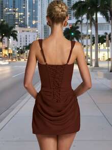 Fashionable Sexy Elegant Short Spaghetti Strap Mini Bodycon Dress, Summer Pleated Party Cocktail Dress, Brown Fishbone Tie Back Backless Evening Gown - Brown - View 11