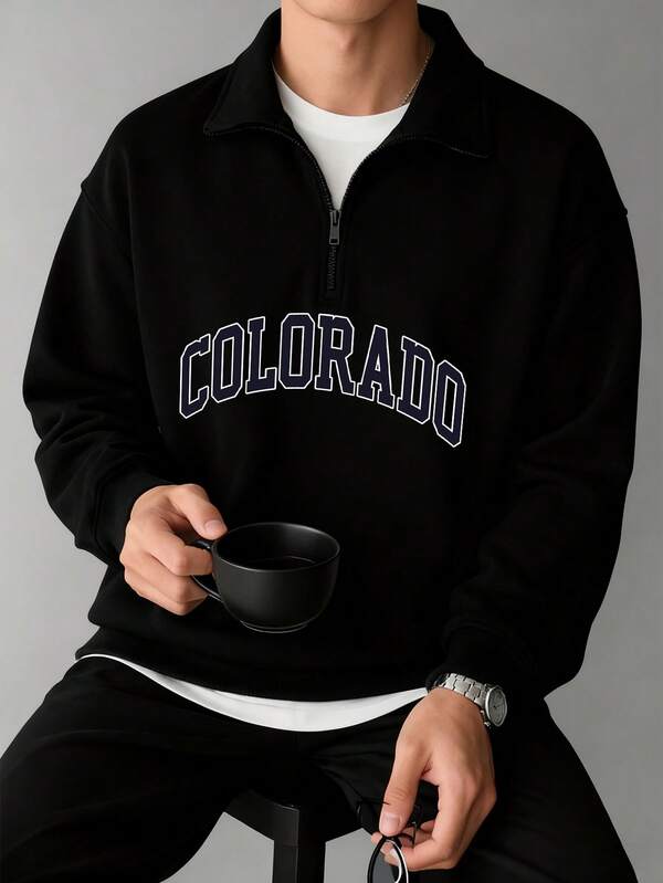 男士休闲时尚百搭字母印花拉链领卫衣，秋冬款