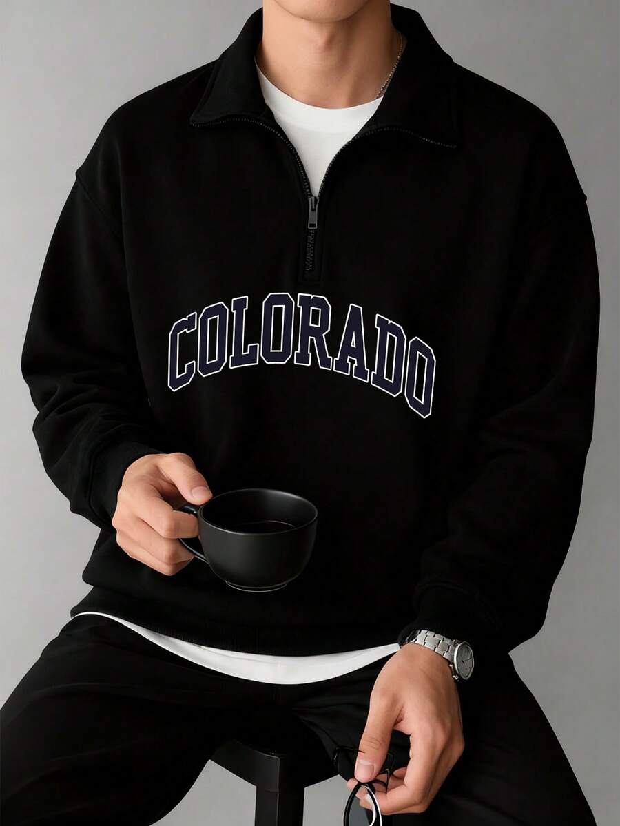 Sudadera con cremallera y cuello estampado de letras, de moda casual y versátil para hombre, otoño/invierno - Negro - Ver 1