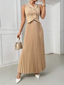 Elegant Commuter Double-Breasted Vest & Pleated Skirt Set - Khaki - View 7