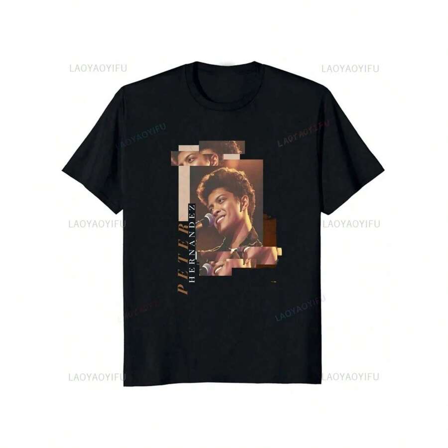 Streetwear Fashion Retro Singer Bruno Mars Printed T-Shirt Top Summer  Short Sleeve Unisex Shirt Graphic Oversized T-Shirt - 黑色 - 查看 1