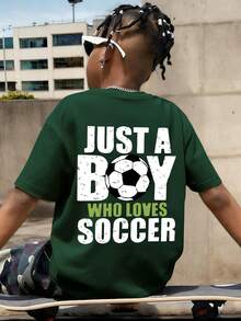 Boys' Football Letter Print Round Neck Short Sleeve T-Shirt, Spring/Summer New Kids Graphic Tee - Dark Green - View 1