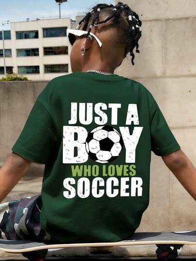 Boys' Football Letter Print Round Neck Short Sleeve T-Shirt, Spring/Summer New Kids Graphic Tee