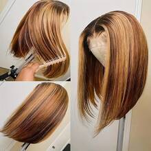 直发 4/27 波波头假发，真人发挑染蕾丝前额假发，预先拔毛，带婴儿发，180 密度，13x4 透明假发，女士真人发假发 - S4/27 - 查看 4