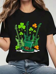 St Patrick Day Rocker Guitar Saint Paddys Band Men Women T-Shirt Women's Clothing Graphic Tee St. Patrick'S Day Graphic T-Shirt All-Season Casual Wear Comfortable, Soft Short Sleeve Crew Neck 100%Cotton - 黑色 - 查看 1