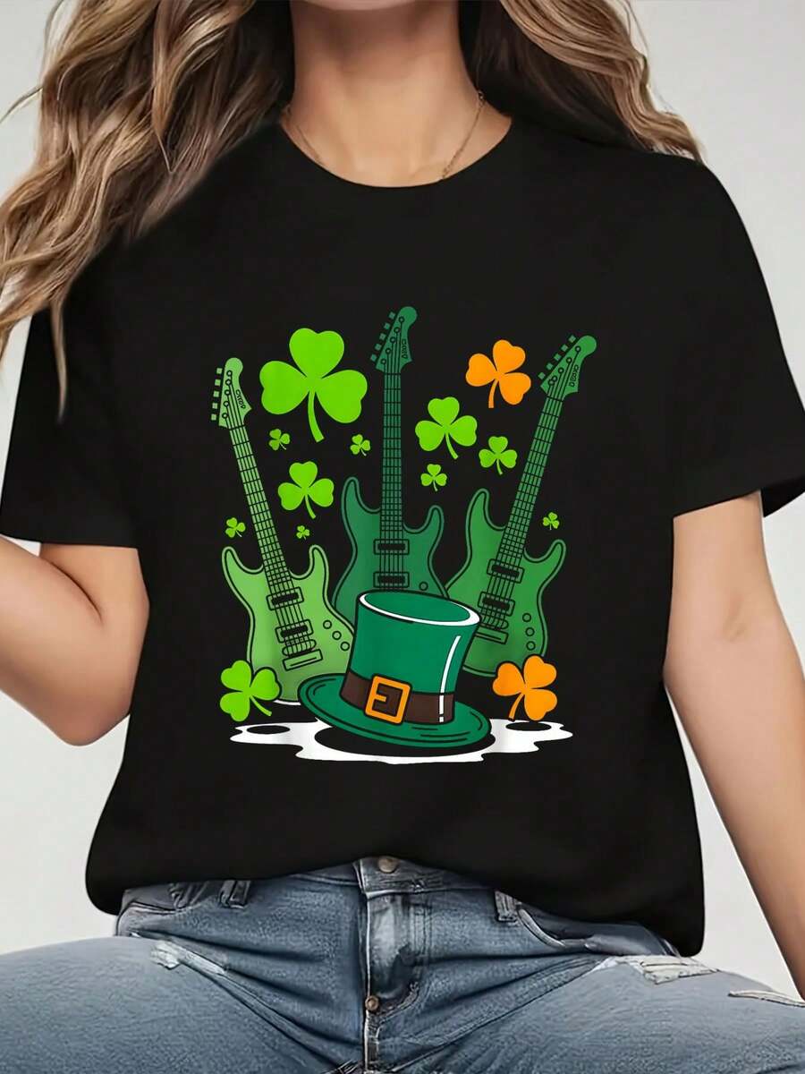 St Patrick Day Rocker Guitar Saint Paddys Band Men Women T-Shirt Women's Clothing Graphic Tee St. Patrick'S Day Graphic T-Shirt All-Season Casual Wear Comfortable, Soft Short Sleeve Crew Neck 100%Cotton - 黑色 - 查看 1