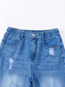 女童牛仔裤，绣花图案，松紧腰带，日常百搭 - 中等水洗藍 - 查看 4