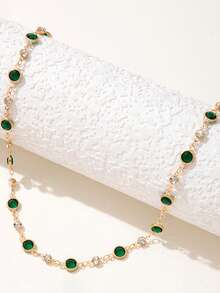 1pc Vintage Green Rhinestone Necklace, Retro Short Choker Necklace For Women - Green - View 3