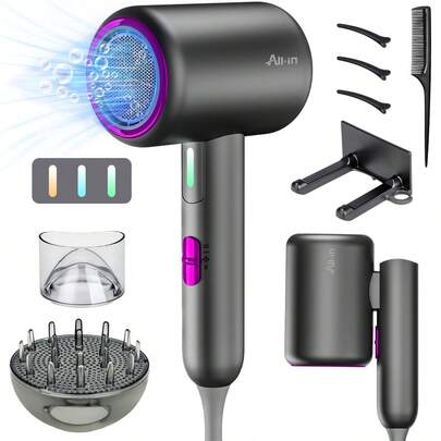 All-in® Secadora Cabello Pelo Difusar Frio Y Caliente 3 Temperaturas Plegable y Portátil Profesional Cuidado Iónico Con Soporte BPC0779gy Gris