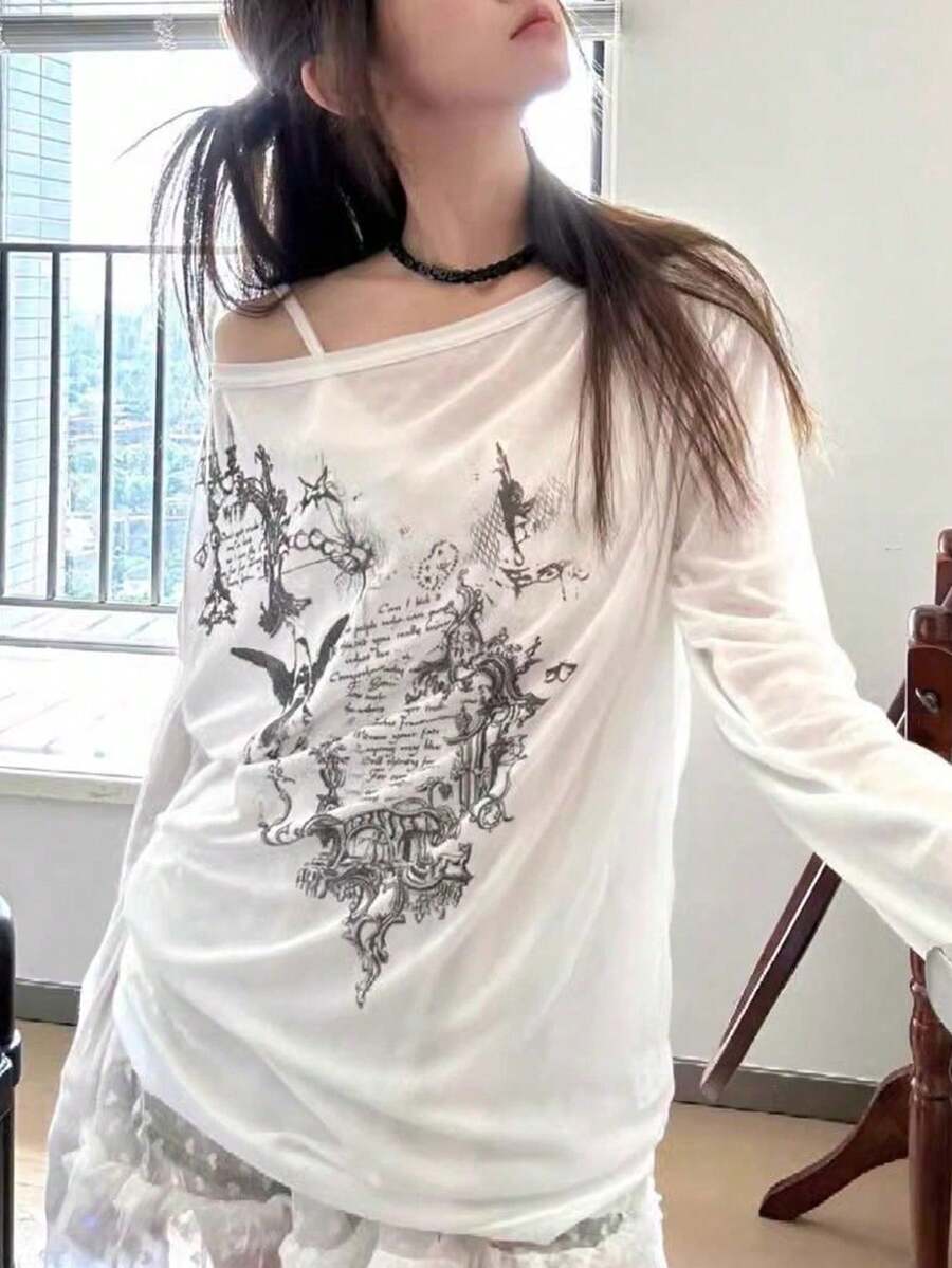 休闲风防晒罩衫T恤，宽松长袖叠穿上衣，女士春季白色 - 白色 - 查看 1