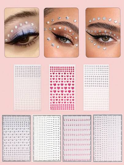 透明纯净闪亮多颗粒面部装饰宝石，玫瑰红心形、银白星形、乳白珍珠自粘式面部宝石，适用于眼角/指甲/面部装饰，闪亮钻石，DIY音乐节、嘉年华、情人节、Y2K风格派对、日常装饰、化妆派对、舞会，可用于头发、眼睛、面部、身体装饰