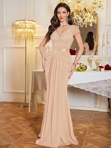 MIUSOL Sequin Floral Lace Sweetheart Neck Cap Sleeve Draped Mermaid Hem Formal Party Maxi Dress - 香檳色 - 查看 5