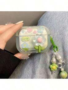 1pc Floral Soft Case For AirPods Pro 2 - Aesthetic Pastel Pink & Green Flower Print Cover With Bead Lanyard,  Spring Design Shell For AirPods 4 3 2 1, Lovely Girly Gift - 小型新鮮綠花 - 查看 8