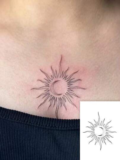 1pc Dark Eclipse Totem Temporary Tattoo, Minimalist Fine Line Waterproof Sweat-Proof Long-Lasting Collarbone Decoration Sticker, Lasts 2-3 Days