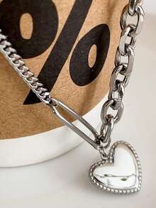 1pc Minimalist INS Style Fade-Resistant Silver Heart Pendant Titanium Steel Necklace, Personalized Niche Luxury Women Necklace - Silver Heart Pendant Necklace - View 1