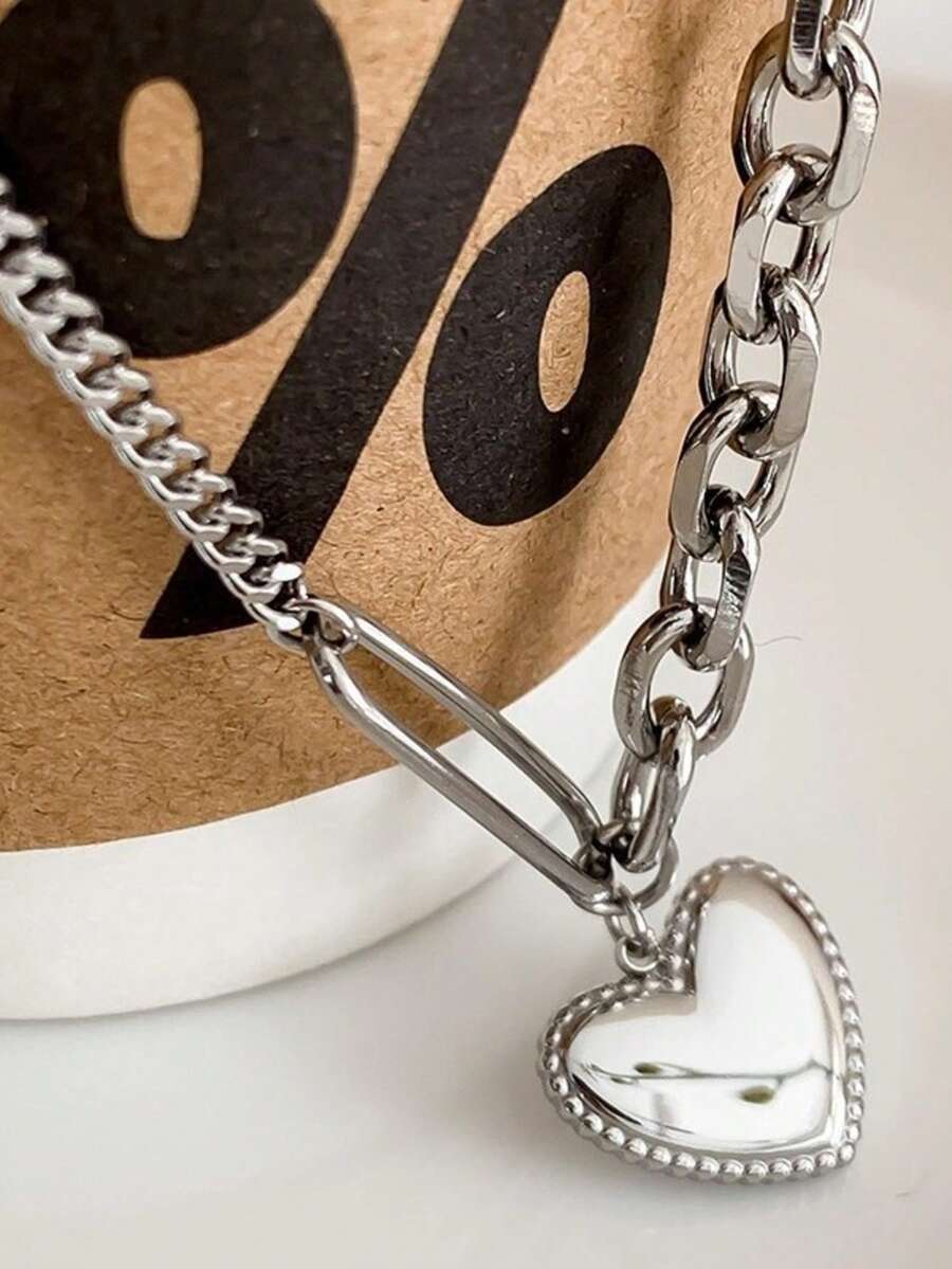 1pc Minimalist INS Style Fade-Resistant Silver Heart Pendant Titanium Steel Necklace, Personalized Niche Luxury Women Necklace - Silver Heart Pendant Necklace - View 1