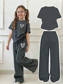Tween Girls' Heart Print Short Sleeve T-Shirt And Pants Casual Outfit - Dark Grey - View 2