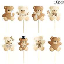 8 piezas/16 piezas/24 piezas Decoraciones para cupcakes con diseños de ositos de dibujos animados, adecuados para baby shower, decoración de pasteles de cumpleaños - Multicolor - Ver 8