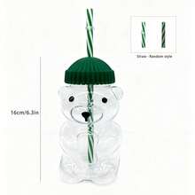 11.33盎司可爱小熊造型硼硅玻璃冷饮杯/奶茶杯，带吸管，创意玻璃器皿，适合作为女孩生日礼物 - 彩色 - 查看 7