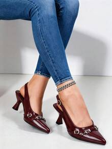 Women's Burgundy Kitten Heel Business Dressy Shoes Elegant Low Heels Pointed Toe Pumps For Valentine's Day - 酒紅色 - 查看 2
