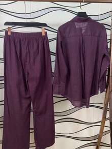 Linen Shirt And Pants Set (2 Pieces), Lined With Elastic. - 酒紅色 - 查看 2