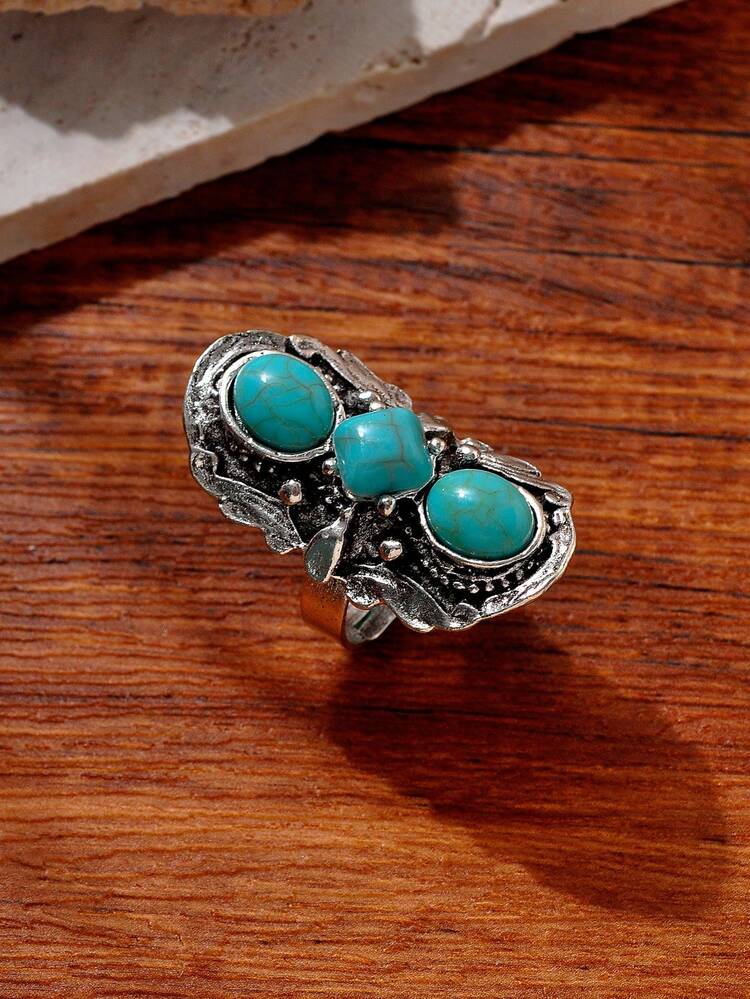 1pc Adjustable Turquoise Vintage Silver-Tone Alloy Rhinestone Decor Cocktail Ring For Women - Multicolor - View 14