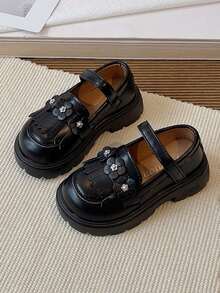 1双女童可爱公主厚底乐福鞋，透气柔软防滑百搭漆皮鞋，方便穿脱的婴幼儿学步鞋，复古风格，适合春、夏、秋季穿着。 - 黑色 - 查看 3