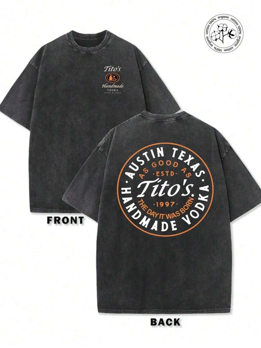 Super Value Hot  T-Shirt 230g Washed And Used T-Shirt, Front Tito's Handmade Vodka Logo, Back With AUSTIN TEXAS Tito's HANDMADE Vodka Circular Text And Brand Logo, Tito's Vodka Theme Suitable Gift For Fans SD0083 - 黑色 - 查看 1