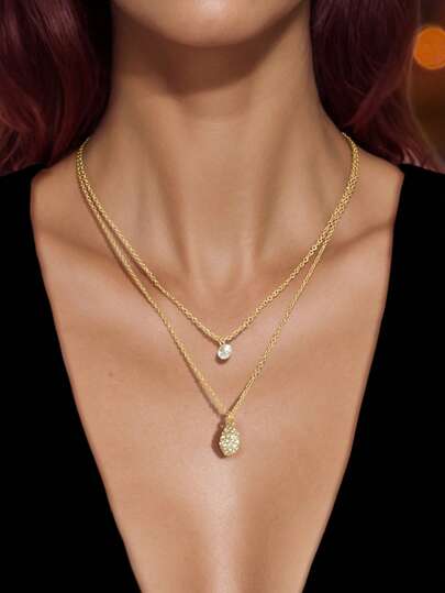 2件套时尚金链水钻装饰纹理闪亮水滴吊坠项链，女士精致链条多层金饰