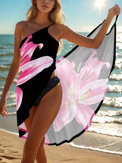 Women's Floral Print Beach Cover Up Dress, Casual Wrap Sarong For Summer Vacation Black