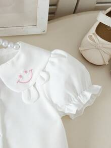 Conjunto de 2 piezas para bebé niña con blusa de manga abullonada con cuello y puños con volantes, y falda plisada con doble lazo, elegante y versátil para uso diario, fiestas y salidas, primavera/verano - Multicolor - Ver 5