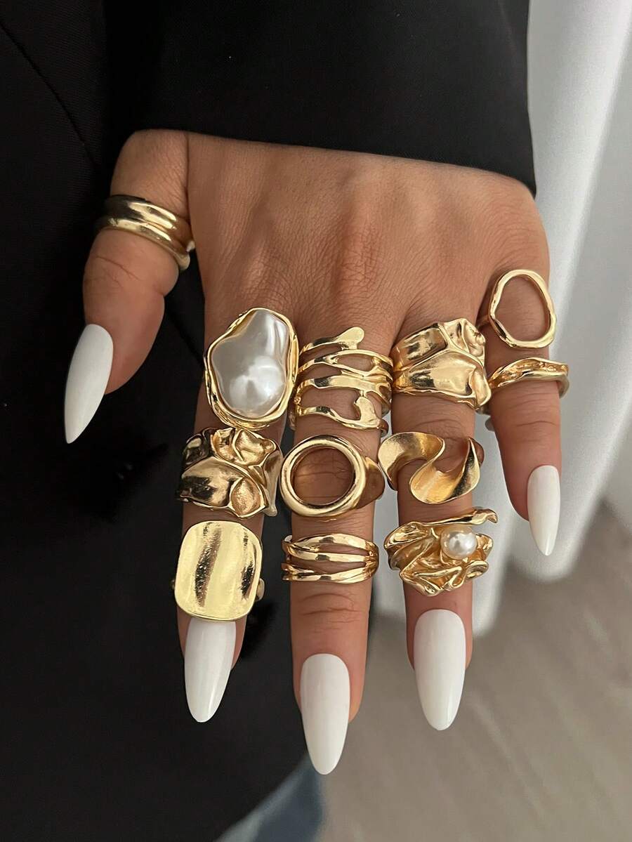 12件套复古优雅波西米亚风女士金属褶皱不对称镂空珍珠金色戒指套装，适合日常、派对、婚礼、节日、约会、送礼。 - 金色 - 查看 1