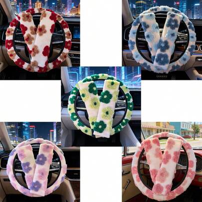 3pcs/2pcs/1pc Floral Pattern Plush Car Accessory Set, Including Steering Wheel Cover And Seat Belt Shoulder Pad, Anti Slip, Warm, Cute, Suitable For All Seasons