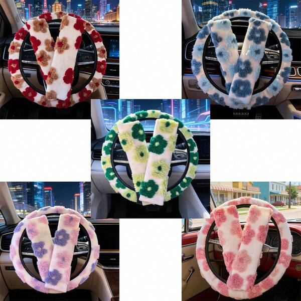3pcs/2pcs/1pc Floral Pattern Plush Car Accessory Set, Including Steering Wheel Cover And Seat Belt Shoulder Pad, Anti Slip, Warm, Cute, Suitable For All Seasons