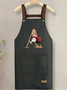 趣味可调节肩带围裙，配有实用口袋，可个性化定制花卉字母 A-Z 印花，男女通用，结实耐用的围兜式肩带，颈部和腰部系带均可调节，大口袋设计，可水洗，防污耐用，适用于厨房、美发师、园丁、厨师、专业美容学校等场合。 - A - 查看 12