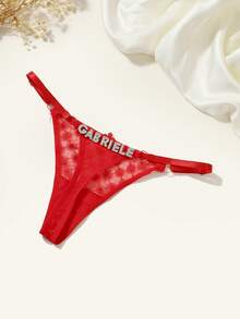 Tanga personalizado con texto de strass, tanga divertido personalizado, bragas de encaje sexy para mujer - Rojo - Ver 7