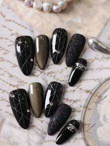 10pcs Press On Acrylic Nails Fake Nails Long Black Nails CheckerboardPure Handmade Production Nails Long Nails Press On Nails Set Includes 1sheet Adhesive Tabs &1 Pc Mini File Handmade Press On Nails - Multicolor - View 2