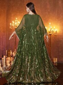 SUPGIR [Random Print] Plus Size Women Long Sleeve Sequin Patchwork Waist Tie Evening Dress Spring - Olive Green - View 2