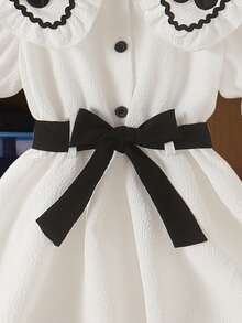 Girls' Vintage Fashion Short Puff Sleeve Ruffled Collar Floral Decor Front Button Waist Tie Casual Dress, Spring/Summer - White - View 8