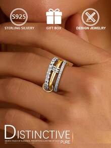 Juego de anillos apilables de plata de ley de dos tonos 925, anillos de plata con incrustaciones de circonita cúbica multicapa, minimalista y versátil para uso diario/caja de regalo - Plateado - Ver 8