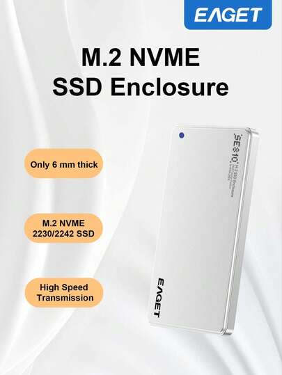 EAGET Ultra-Thin 6mm Portable M.2 NVMe SSD Enclosure, 10Gbps High-Speed USB 3.2 Gen 2 To PCIe Adapter, Aluminum Alloy Case With Heat Dissipation, Plug And Play For 2230/2242 SSDs