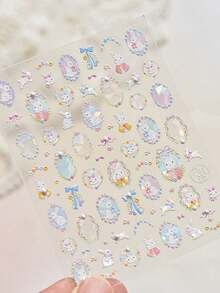 1片水晶钻石美甲贴纸 花环蝴蝶结边框兔子美甲贴纸 5D立体美甲贴纸 DIY美甲用品 - 彩色 - 查看 3