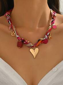 1pc Vintage Elegant Versatile Creative Metal Heart, Flower, Smiling Face, Geometric Circle & Square Pendant Scarf Necklace, Suitable For Women Everyday And Party Wear - Multicolor - View 7