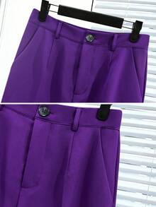 Women's Spring & Autumn Casual Commuter High-Quality Striped Contrast Color Splice Cuffed 3/4 Sleeve Blazer And Straight Leg Pants Suit - Purple - View 8
