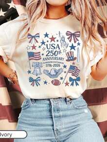 America 250th Anniversary Shirt, USA 250  Shirt, Patriotic Tee For Women, Semiquincentennial 1776-2026 Tee, Cute Coquette Top, 100% Cotton  Oversized Short Sleeve Classic Heavy Cotton T Shirt Printed Graphic Tee Women's Casual Short-Sleeved Top - 白色 - 查看 1