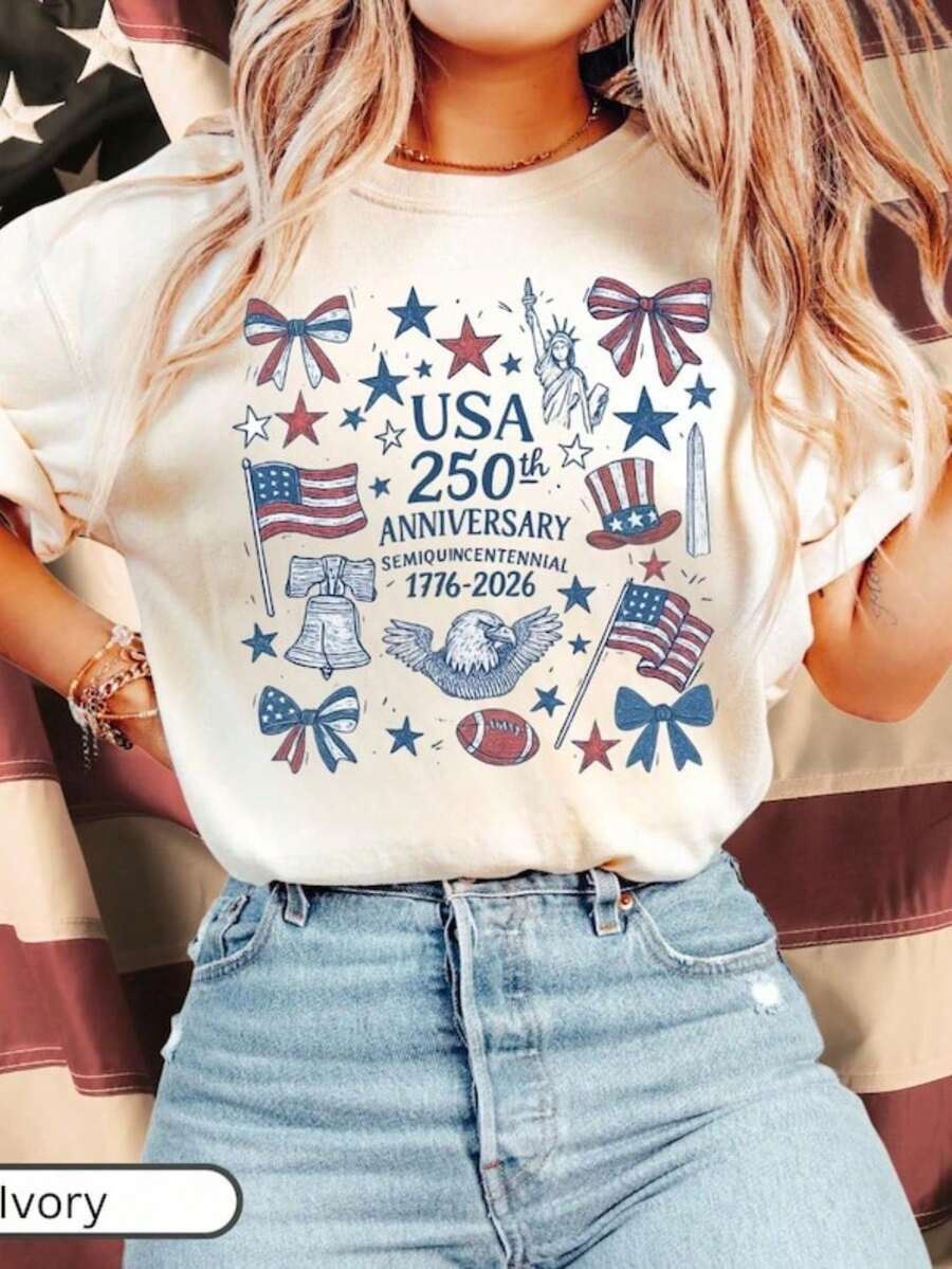 America 250th Anniversary Shirt, USA 250 Shirt, Patriotic Tee For Women, Semiquincentennial 1776-2026 Tee, Cute Coquette Top, 100% Cotton Oversized Short Sleeve Classic Heavy Cotton T Shirt Printed Graphic Tee Women's Casual Short-Sleeved Top - 白色 - 查看 1