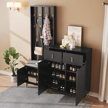Wardrobe Set With Shoe Stool And Cushions. Front Coat Rack With Hooks. Shoe Cabinet With Drawers And Doors, Black And White. - Black - View 5