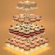 Cupcake Stand With Lights, 4Tier/5 Tier Cupcake Holder, Cupcake Tier Stand For 52/64 Cupcakes, Acrylic Dessert Table Display Set For Weddings, Clear Square Dessert Treat Display For Birthday Cady Bar, Party, Graduation - 4 Tier With Light Strip - View 2
