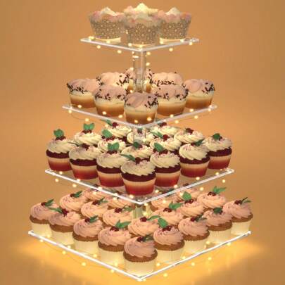 Cupcake Stand With Lights, 4Tier/5 Tier Cupcake Holder, Cupcake Tier Stand For 52/64 Cupcakes, Acrylic Dessert Table Display Set For Weddings, Clear Square Dessert Treat Display For Birthday Cady Bar, Party, Graduation